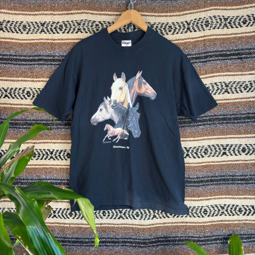 Vintage Jerzees Chincoteague VA Horse Graphic T-Shirt Navy Blue Large 90s Cotton